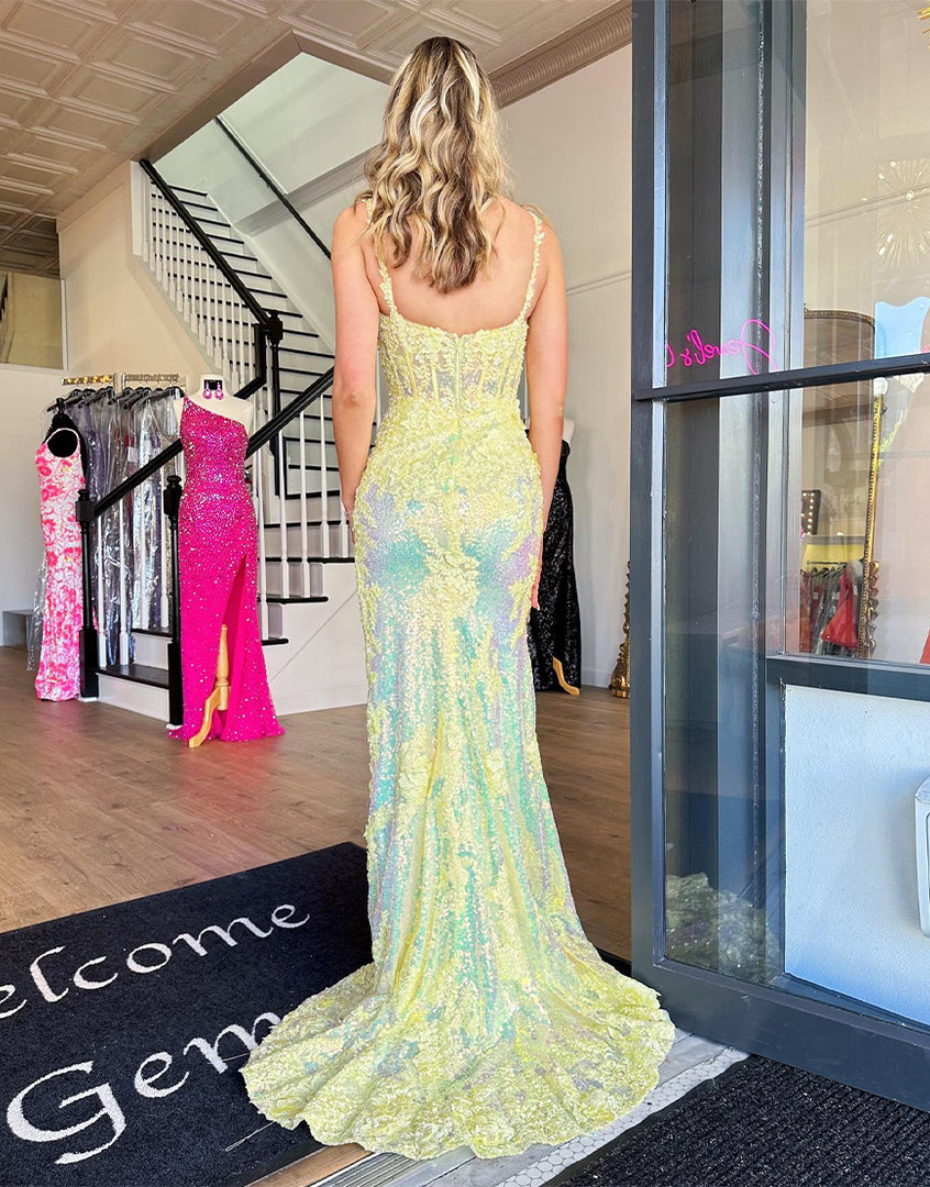 Sheath Yellow Long Slit Prom Dress